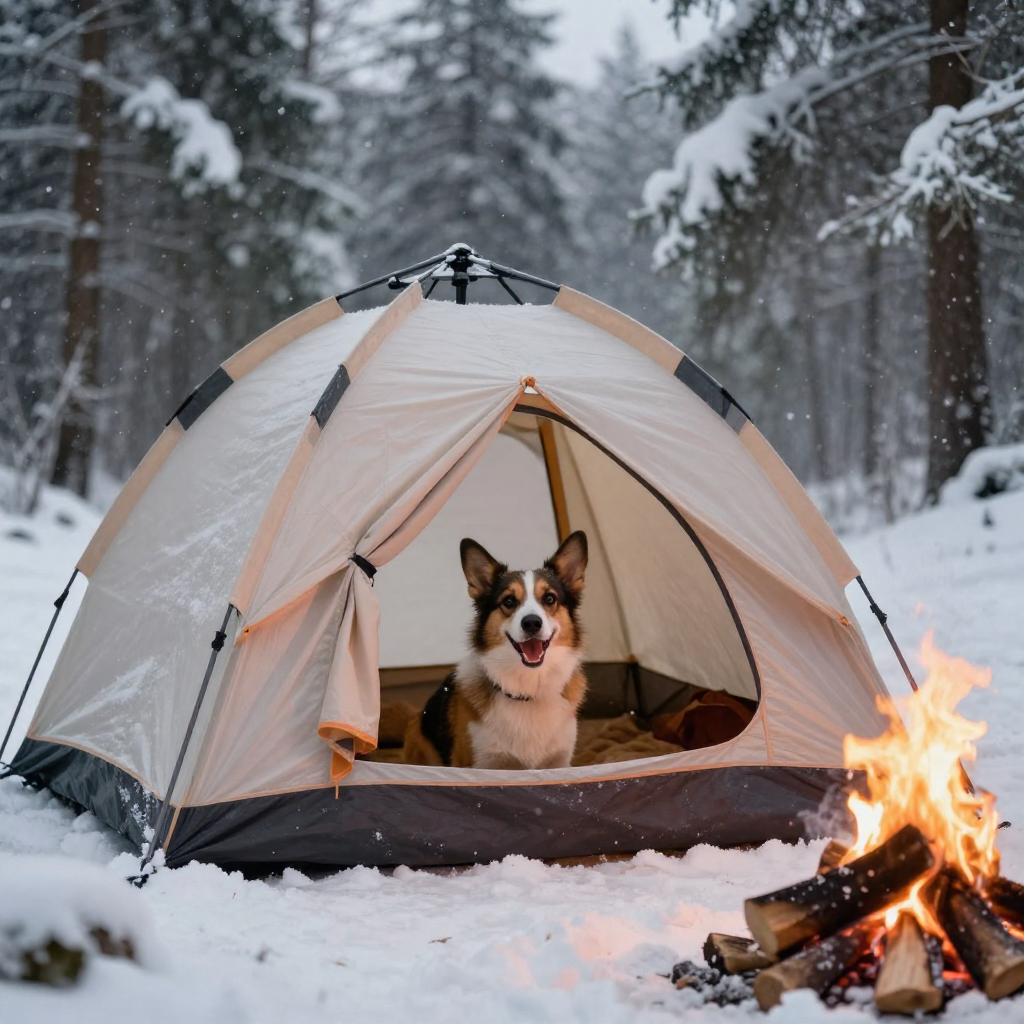 Dog camping in winter tent